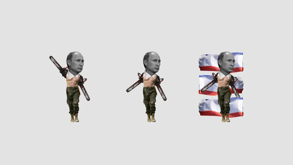 Trois figurines représentant Poutine. Ses bras sont remplacés par de scies à chaine. Une des figurines se tient devant trois drapeaux russes. 