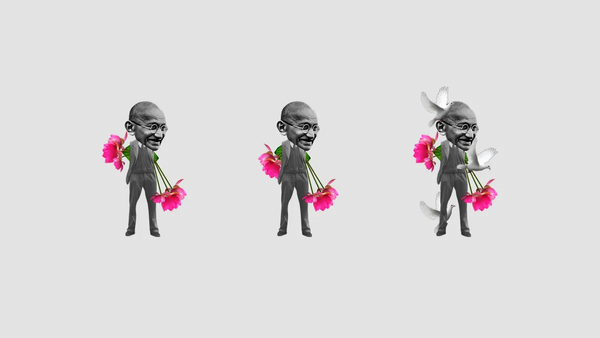 Three figures representing Gandhi. His arms have been replaced by fuschia colored flowers and white doves are grouped around one of the figures. 