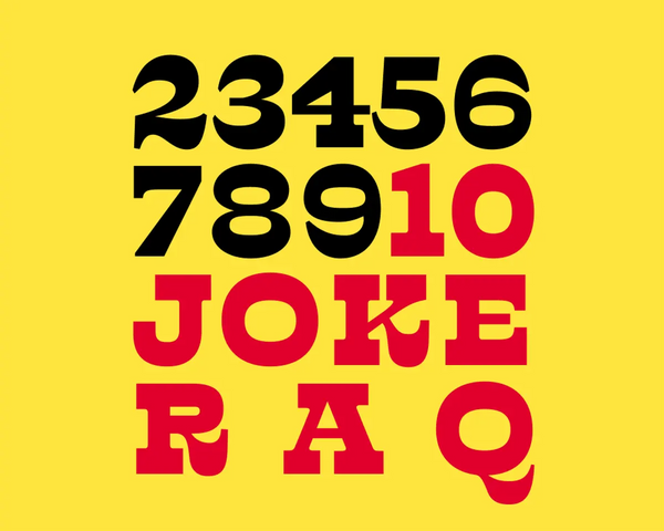 Numbers from 2 to 10 and letters J. O. K. E. R. A. and Q. placed on a bright yellow background.