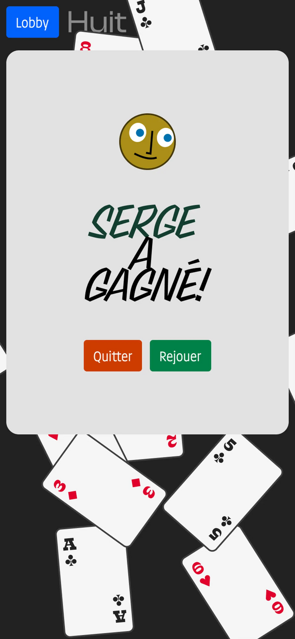 Mobile interface when winning a game. The avatar and name of the winner are centred. Played cards are scattered around and it is possible to replay or leave.