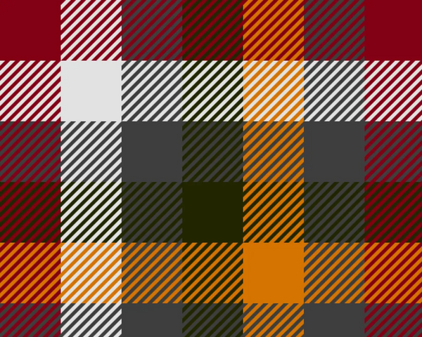 Motif tartan en carreaux. Les couleurs dominantes sont le rouge, blanc, brun et jaune.