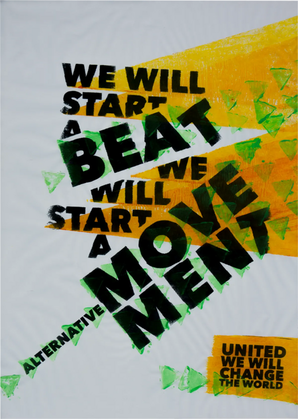 Slogan written with a sans-serif grotesque. The text has been cut off and moved around using a photocopier. Yellow and green triangles give a sense of rhythm to go along with the slogan. The background of the poster intentionally show the wrinkles of the paper.