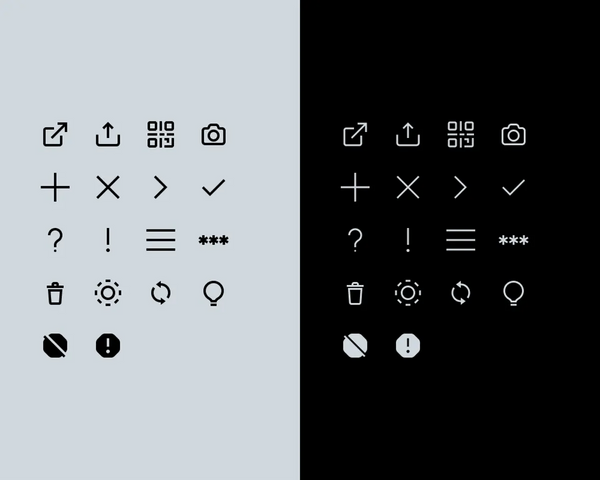 Un ensemble de 18 icônes sont répétés d'abord sur un fond gris pale, puis un fond noir. Les icônes sont simple et ont des proportion uniformes. Les icônes représentent différents concepts tel que des flèches, une poubelle ou un code secret. 