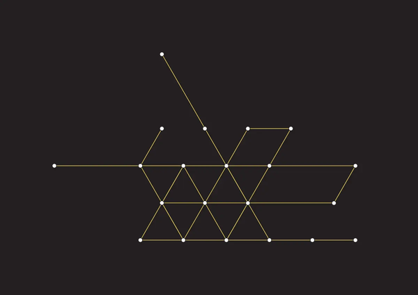 Plusieurs points sur un fond foncé sont connectés par des traits jaunes. Le réseau forme une série de formes triangulaires. 