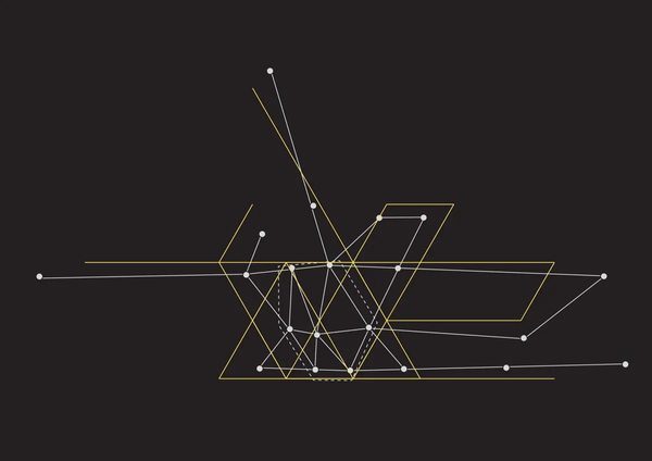 Un réseau simplifié dessiné par de traits blancs et points. Le groupe de points principal est entouré d'un trait blanc pointillé, formant un hexagone imparfait. Des tracés jaunes démontrent comment le réseau pourrait se conformer à une grille triangulaire. 