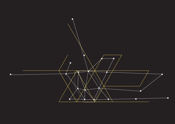 A simple network of dots and white lines. The main cluster of nodes is outlined by a dashed white line and forms a distorted hexagon. Yellow lines show the network would conform to a strict triangular grid. 