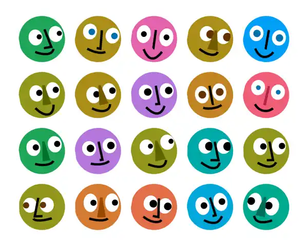 A grid of randomly generated avatars. Each avatar is a funny face with a bright random colour base, eyes, a nose and a mouth. Each have a unique expression and look either left or right.