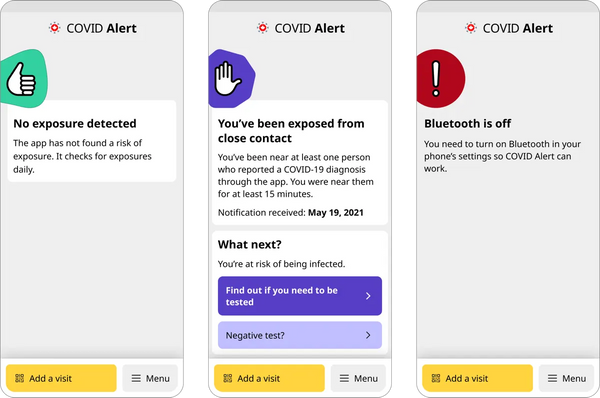 Three screen captures show possible COVID Alert app states: exposed, not exposed and unknown. Each state comes with a specific icon and colour.