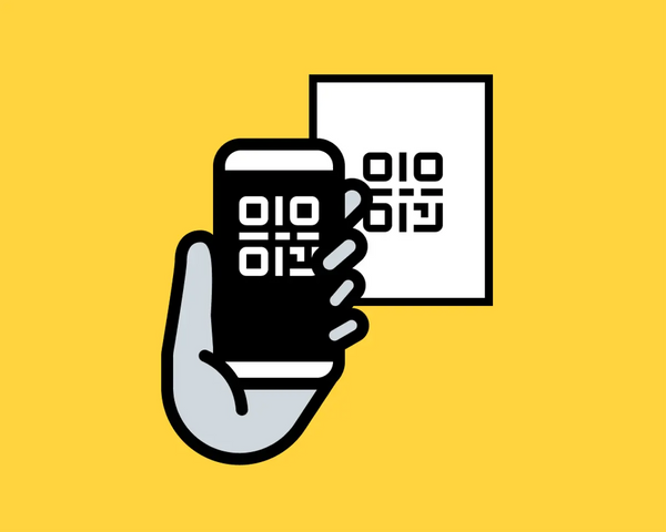 Styled icon of a hand holding a phone in front of a poster to scan a QR code.