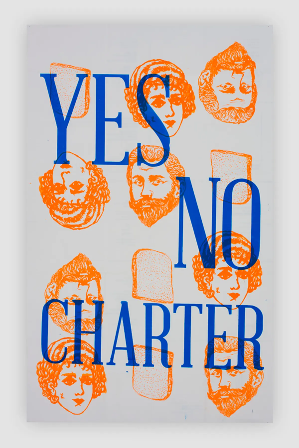 Screen printed poster. Blue words on top of a pattern of orange faces.