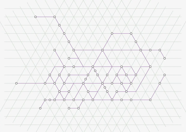 Une grille triangulaire remplit une zone rectangulaire. Des points sont placés aux intersections de la grille. Des lignes mauves relient les points. 