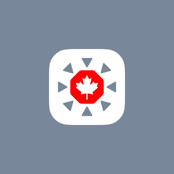 Maple leaf in a bright red octagon, circled by small gray triangles pointing inwards, in a white rounded square shape. 