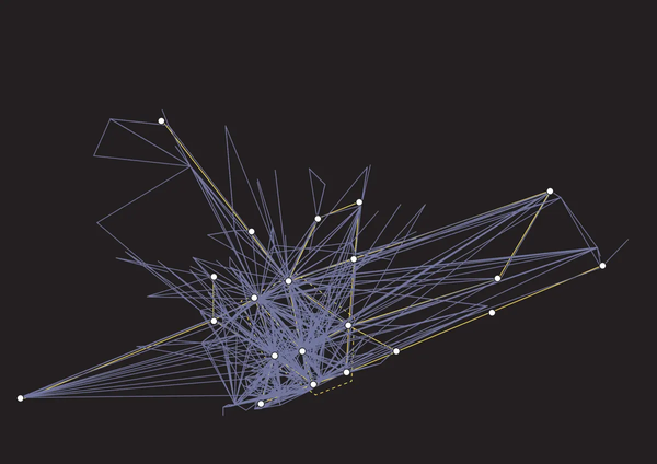 A messy network of light purple lines on a dark canvas. Dots yellow and lines attempt to mark the most connected nodes of the network.