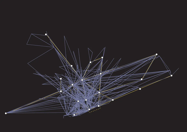 Un réseau complexe dessiné en mauve sur fond foncé. Des traits jaunes et des points tentent d'identifier les connexions les plus chargées du réseau. 