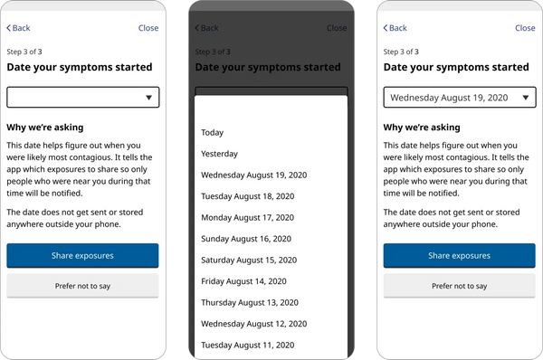 Three screen captures show the interaction to select a date. A screen shows an empty field. Then a list shows all possible dates to pick, in order. Then the date is displayed in the field.