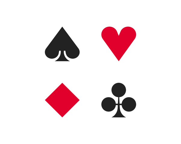 Icons for Spades, Hearts, Diamonds and Clubs. Style is standard, with geometric shapes and exaggerated ink traps.