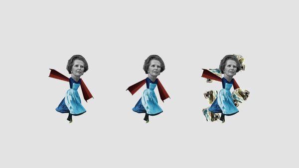 Trois figurines représentant Thatcher. Ses bras sont remplacé par d'immenses poutres d'acier. Des billets de banque froissés entourent l'une des figurines.