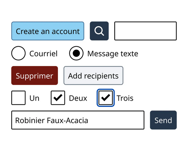 A mix of form components. Buttons, text fields and option fields are distinct, but share the same visual language.