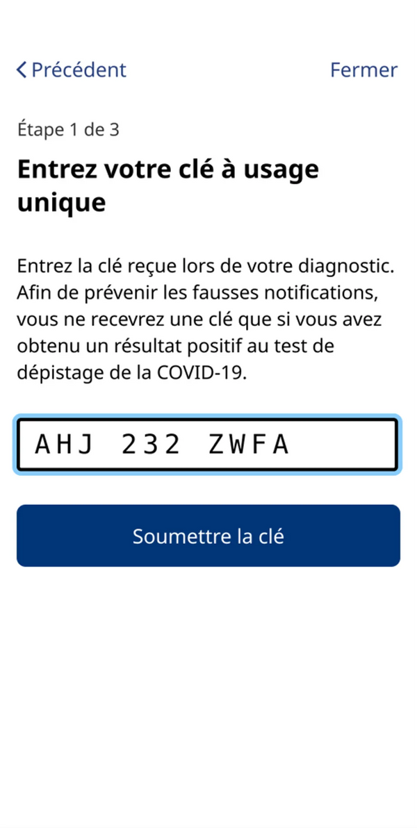Mobile app interface enabling the user to enter a one-time key. The key is displayed in big characters.