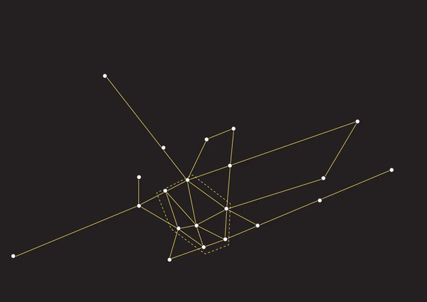 A simple network of dots and yellow lines. The main cluster of nodes is outlined by a dashed yellow line and forms a distorted hexagon.