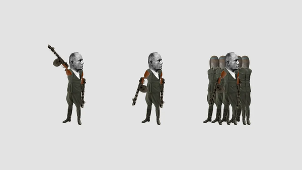 Trois figurines représentant Mussolini. Ses bras sont remplacés par des mitraillettes. Une des figurines est entouré de soldats ayant des bombes à la place d'une tête. 
