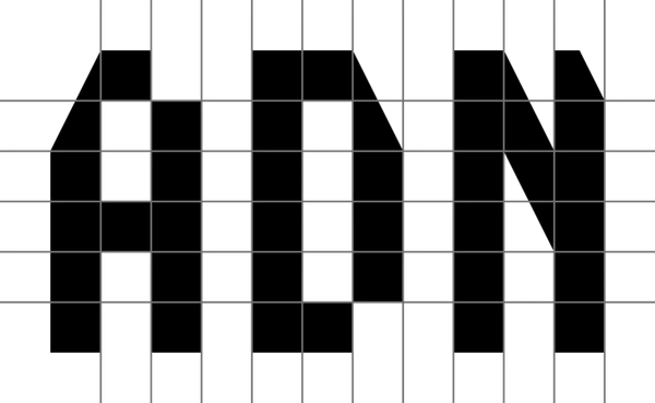 Les lettres A, D et N sont composés sur une grille carrée. La grille mesure treize carrés de large par huit carrés de haut. 