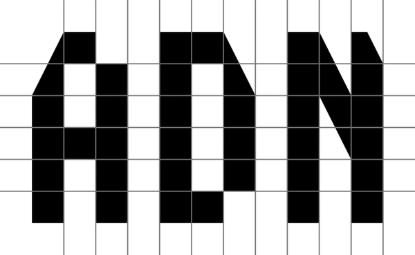 Letters A, D and N are composed on a square grid. The grid measures thirteen squares wide by 8 squares high. 