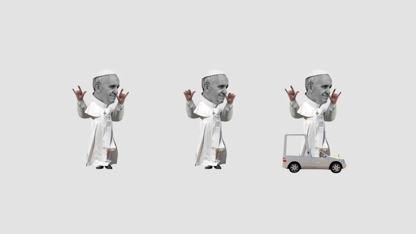 Trois figurines représentant le pape Francis. Une des figurines se tient dans la pape mobile. 