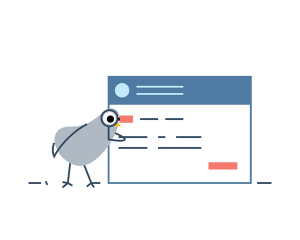 A simple illustration of a bird inspecting what looks like an email.