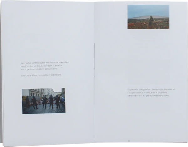 Open book. Layout of two small sentences and photos. The photo of a protest in Europe is opposed to a photo of an Israeli soldier near the Syrian border. 
