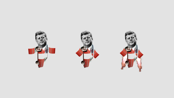 Three figures representing John F. Kennedy. His body is made from a red classic red american car. The car doors are his arms. One of the figurine contains rocket burners. 