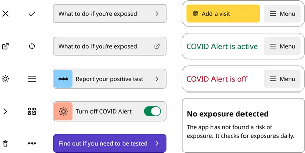 A few of the components used to build the COVID Alert app are laid out in a grid: small icons, menu buttons and information banners.