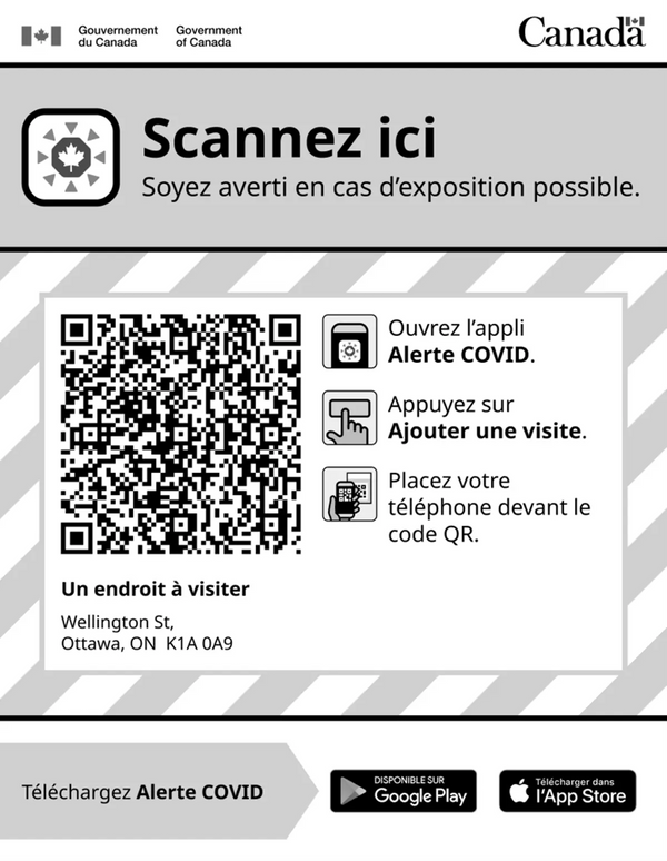 Gray scale poster with big QR code in the middle. The title Scan here is written in large. Pictograms show how to scan the code with the COVID Alert app.