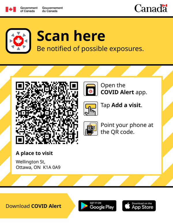 Colour poster with big QR code in the middle. The title Scan here is written in large. Pictograms show how to scan the code with the COVID Alert app.