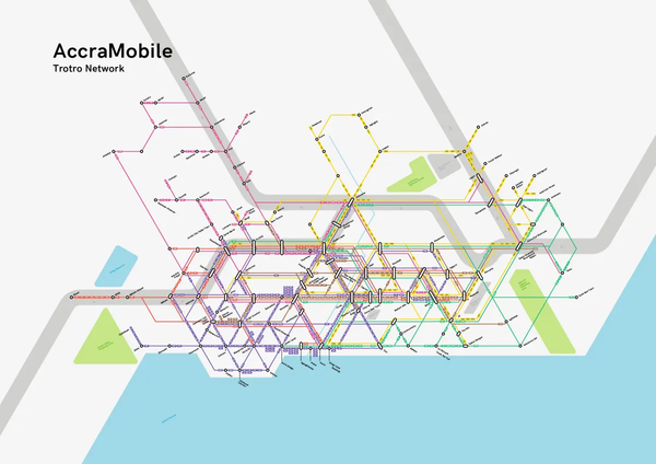 Schematized map of the Accra trotro network. Network lines are organized on a hexagonal grid. Six colours represent six areas of the city. Some colours overlap towards the centre of the city.