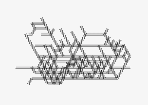 Des lignes foncés sur fond clair démontrent comment décaler les traits d'une grille triangulaire de sorte à ce qu'aucun tarit ne cache un autre. 