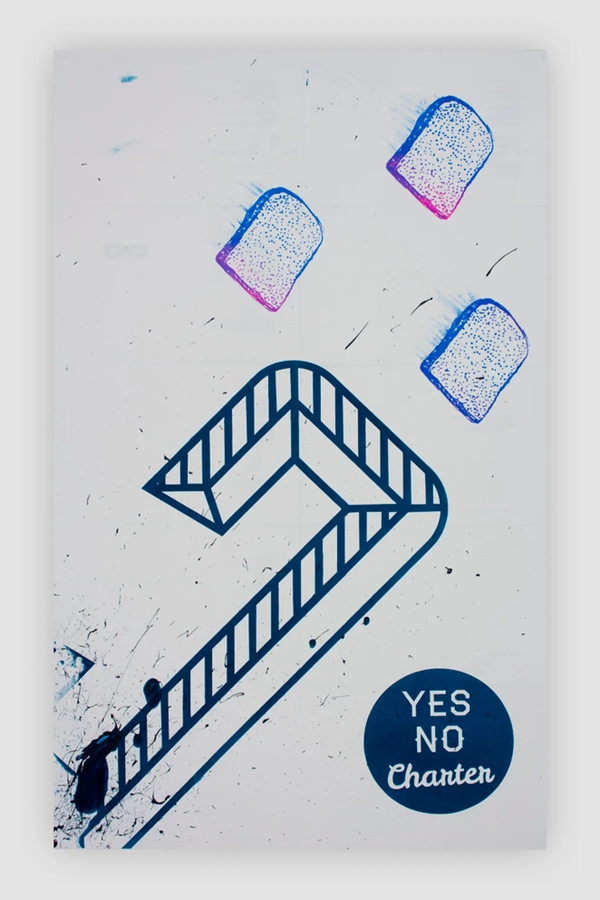 Screen printed poster. A tilted letter C flies in the same direction as blue and pink toasts.