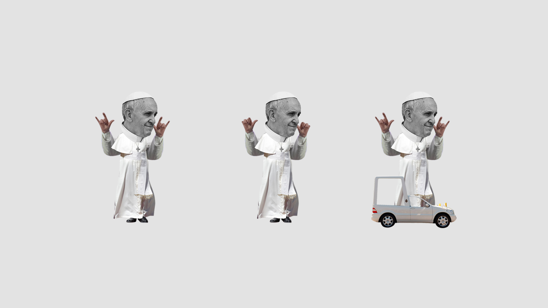 Trois figurines représentant le pape Francis. Une des figurines se tient dans la pape mobile.
