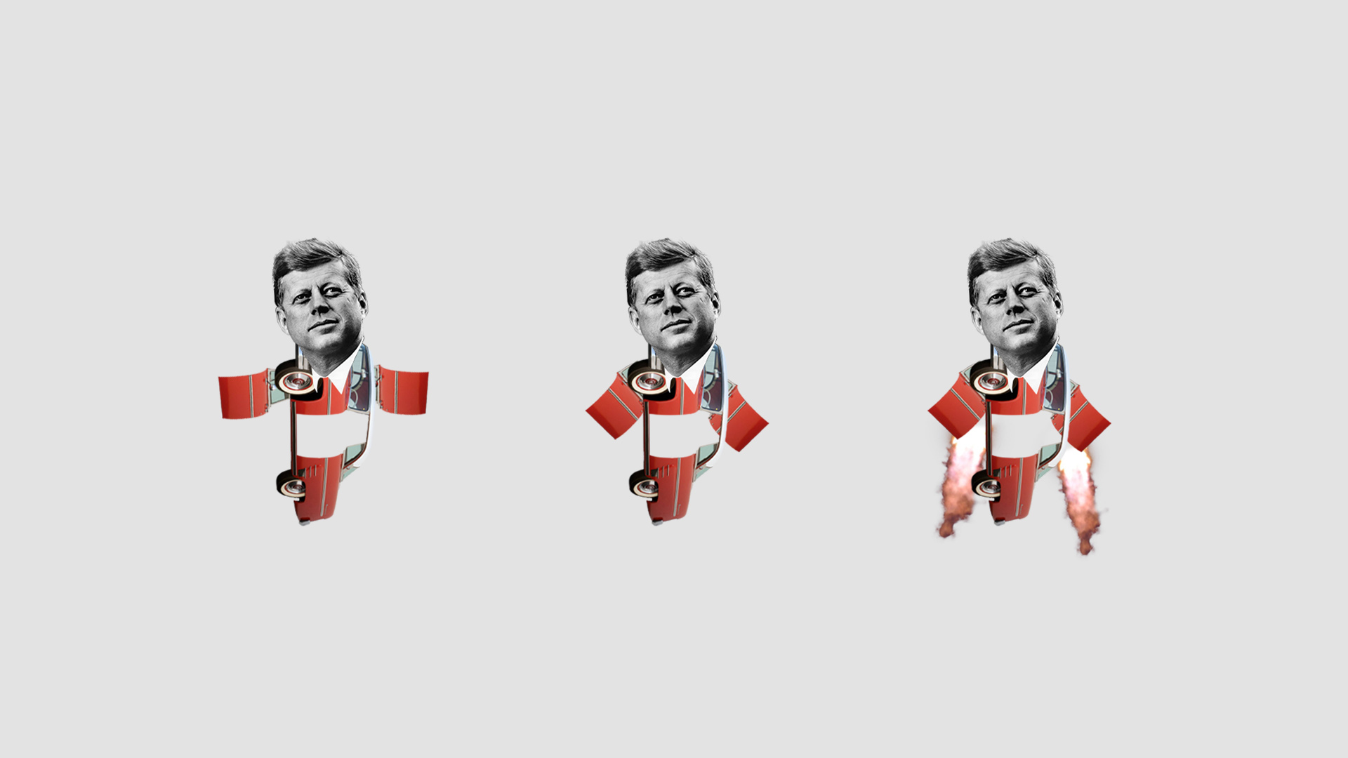 Trois figurines représentant John F. Kennedy. Son corps est remplacé par une voiture classique américaine rouge. Les portes de la voiture sont ses bras. Une des figurines possède des propulseurs de fusée.