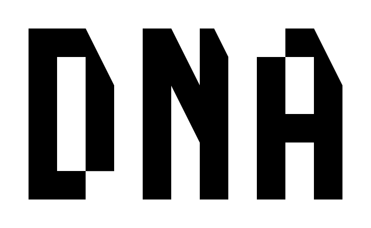 Logo composé des lettres D, N et A. Ensembles, les lettres se lisent comme le mot anglais DNA.