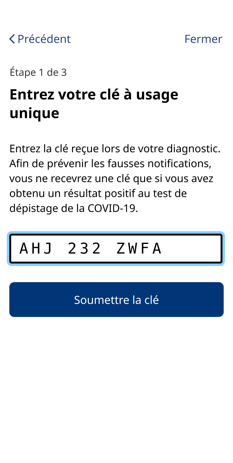 Interface d'application mobile permettant d'entrer une clé à usage unique.