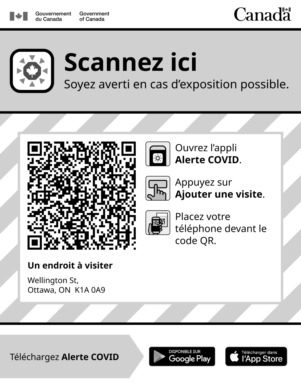 Affiche en tons de gris avec un gros code QR au centre. Le titre Scannez ici est écrit en grosses lettres. Des pictogrammes indiquent comment numériser le code avec l'application Alerte COVID.