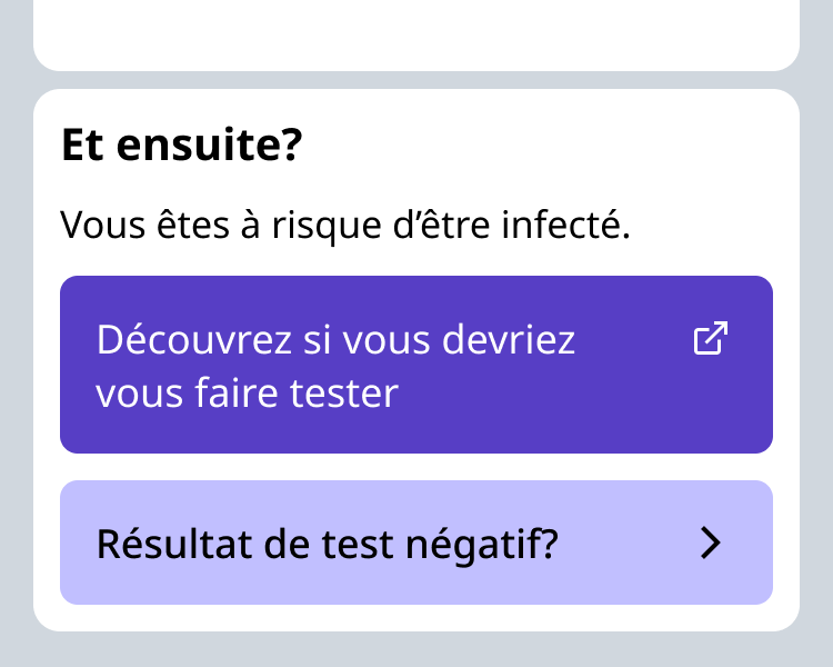 Une boite indique un statut à risque d'exposition. Deux actions immédiates sont proposées.