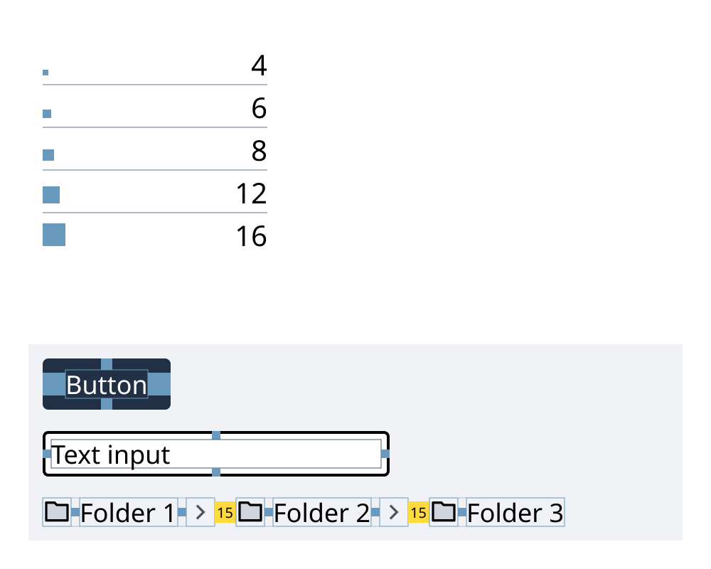 Un tableau de tokens de dimensions allant de 4, à 6, 8, 12 et 16. Ces dimensions facilitent la création de composantes atomiques.