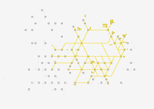 Des points sont disposés sur un fond clair. Certains points sont reliés par des traits de couleur jaune, formant un réseau partiel entre certains points.