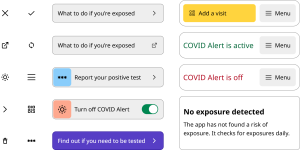 Quelques composantes pour l'interface de l'application Alerte COVID: de petites icônes, des boutons menu et des bannières informatives.