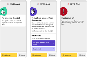 Trois captures d'écran montrant trois états possible pour l'application Alerte COVID: Non exposé, exposé et inconnu. Une couleur et une illustration accompagne chaque état.